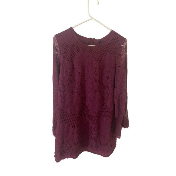 Lulu's Women's Burgandy Lace Bell Sleeve Long Sleeve Dress - Medium - Picture 2 of 16